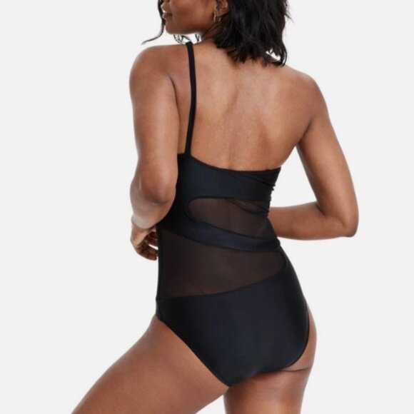 NWT! Bar III Black Natural Beauty Mesh Inset One Shoulder One Piece Swimsuit NEW - Picture 3 of 4